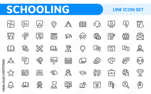 Education line icons collection. Big UI icon set in a flat design. Thin outline icons pack. Thin line icons set of academic subjects and education. Outline symbol collection.