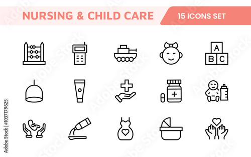 Nursing Home and Child Care Icon Set. Compassionate icons for elder care, child safety, and support services, perfect for healthcare apps, brochures, and care center branding.