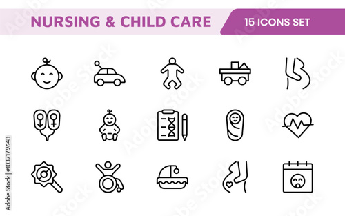 Nursing Home and Child Care Icon Set. Compassionate icons for elder care, child safety, and support services, perfect for healthcare apps, brochures, and care center branding.