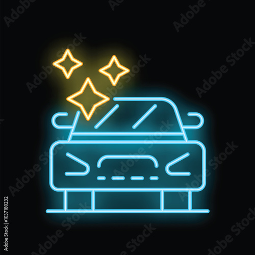 Blue neon icon of a car wash service station logo with a shining clean vehicle