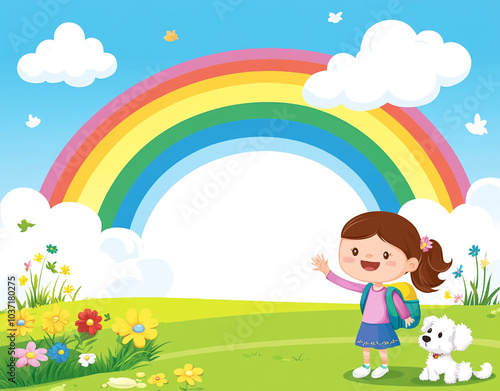 Little girl with a white dog and a rainbow cartoon frame background. 