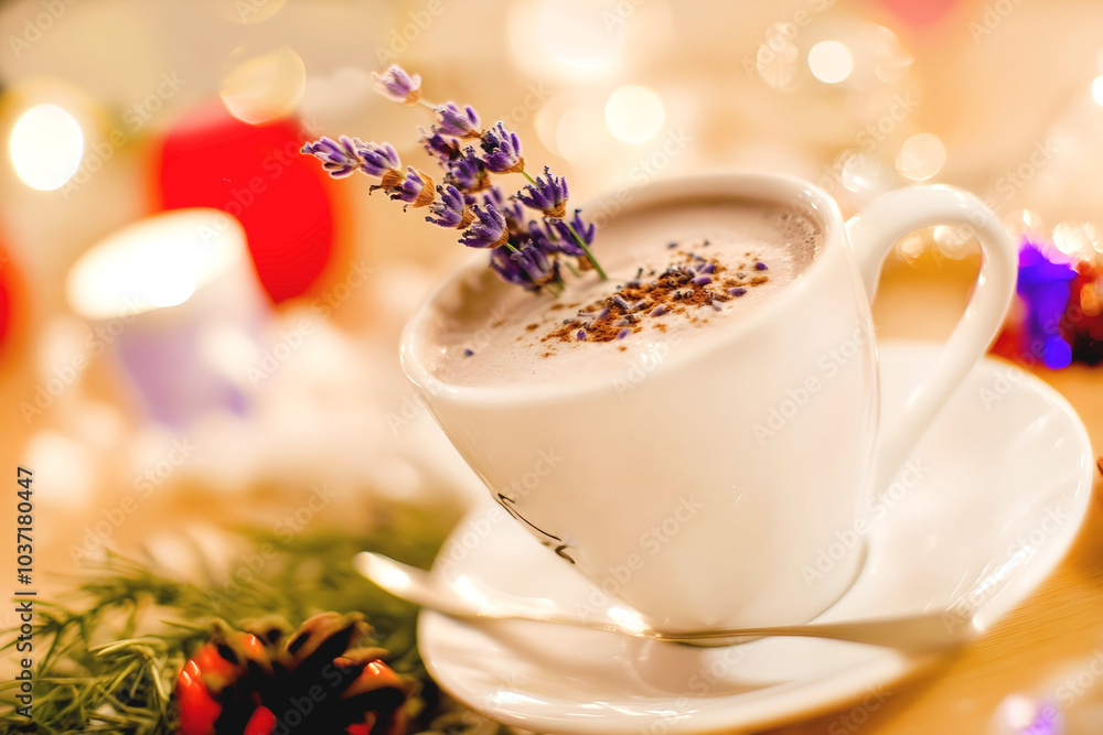 A warm cup of lavender latte garnished with fresh lavender sprigs, set in a cozy holiday atmosphere with soft lighting A warm cup of lavender latte garnished with fresh lavender sprigs, set in a cozy holiday atmosphere with soft lighting