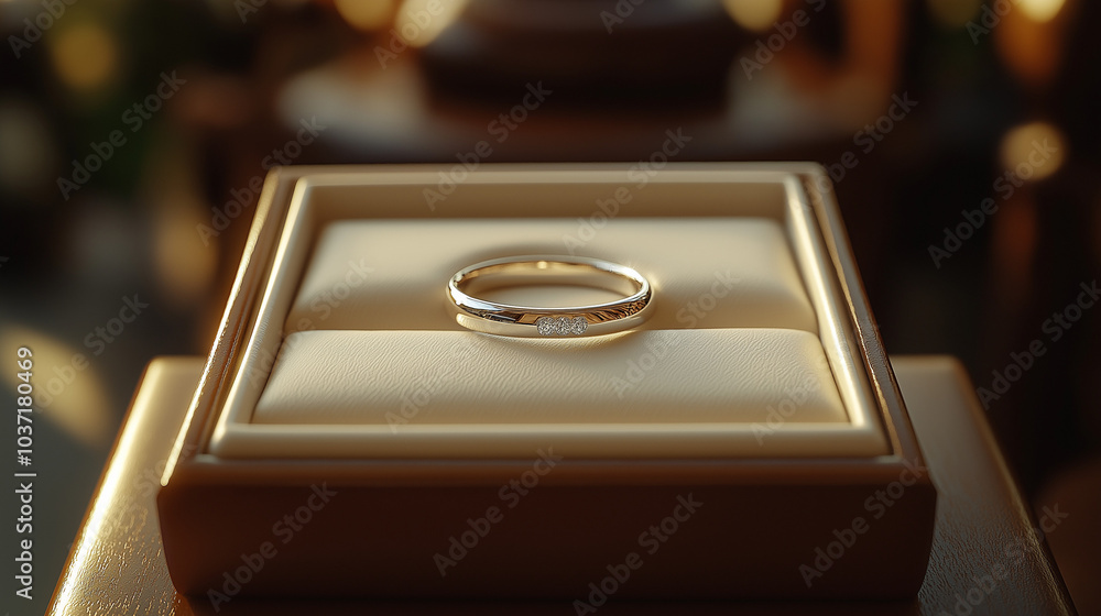 A simple, elegant wedding band with three small diamonds, rests in a velvet-lined box. A simple, elegant wedding band with three small diamonds, rests in a velvet-lined box.