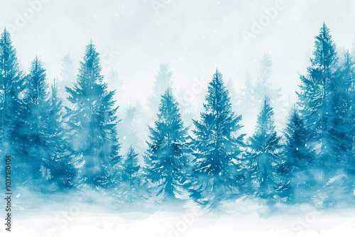 Hand drawn watercolor coniferous forest illustration, spruce. Winter nature, holiday background, conifer, snow, outdoor, snowy rural landscape.Mysterious fir or pine trees for winter