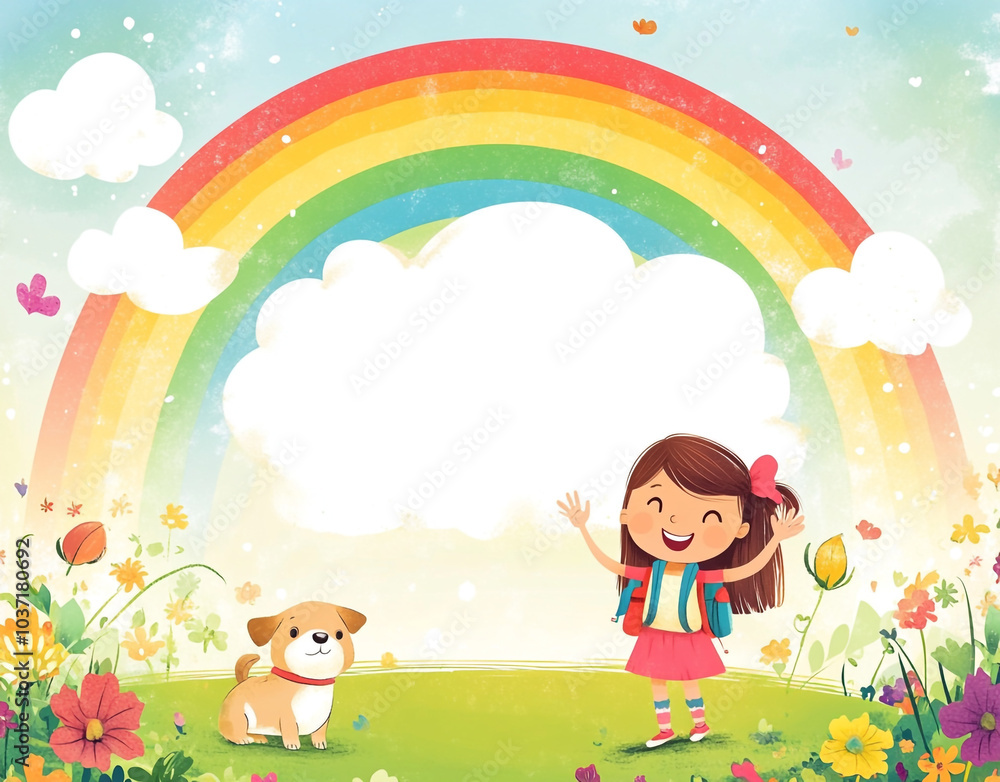 Naklejka premium Little girl with a white dog and a rainbow cartoon frame background. 