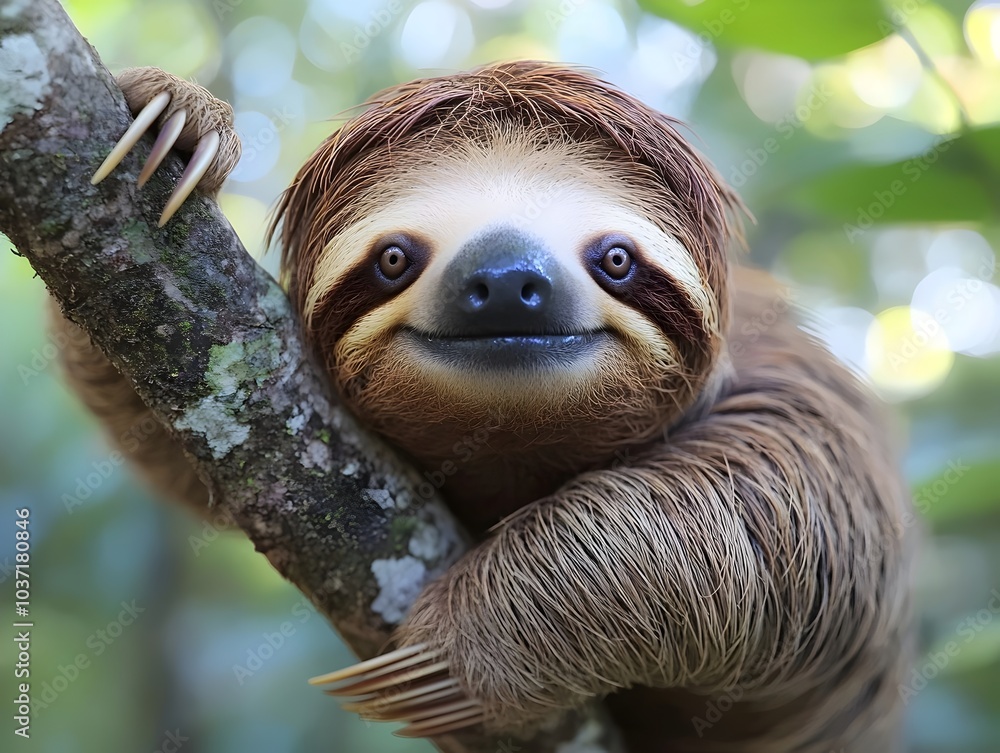 A charming sloth relaxes on a tree branch, displaying a cheerful expression and striking features. The lush greenery creates a serene backdrop. A charming sloth relaxes on a tree branch, displaying a cheerful expression and striking features. The lush greenery creates a serene backdrop.