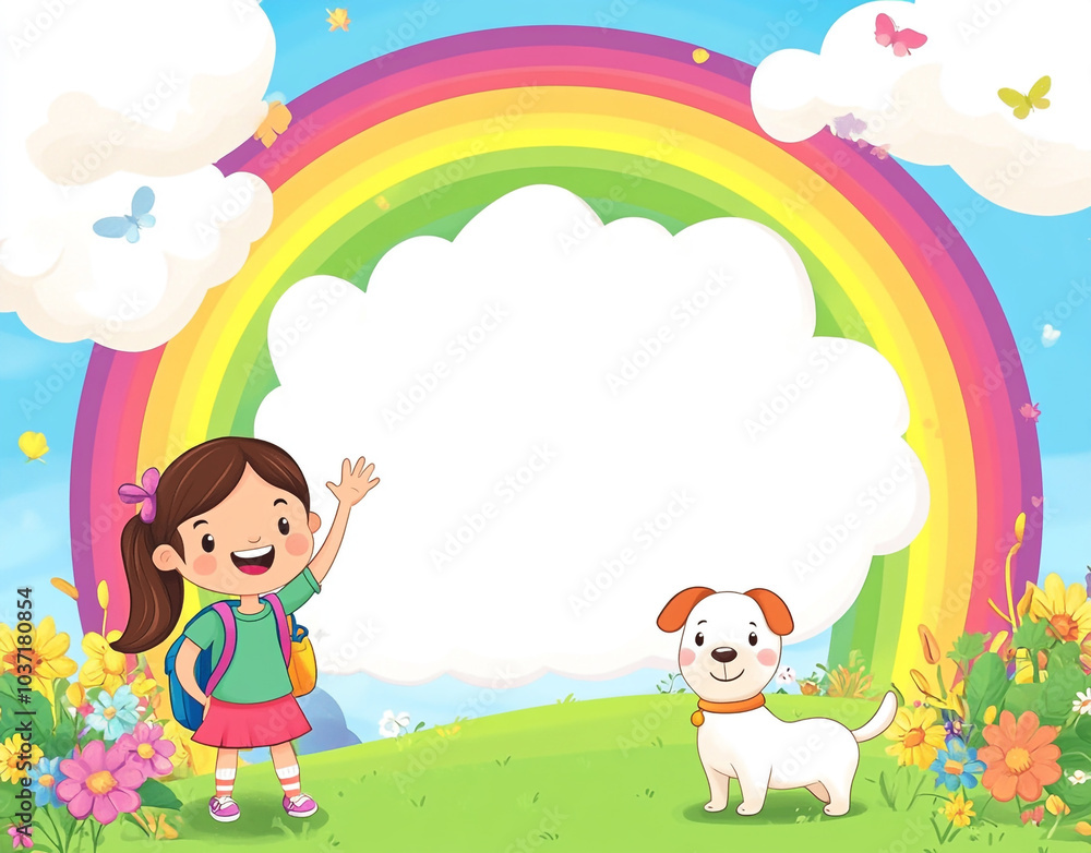 Little girl with a white dog and a rainbow cartoon frame background.
Little girl with a white dog and a rainbow cartoon frame background.