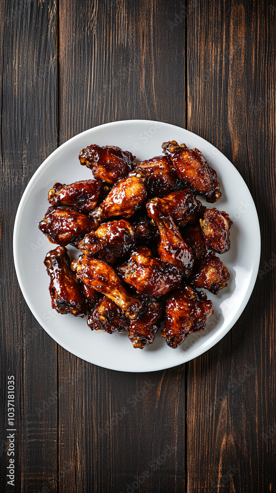 Barbecue chicken wings sitting on white plate on wooden table are ready to be eaten Barbecue chicken wings sitting on white plate on wooden table are ready to be eaten
