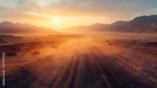 A breathtaking desert landscape at sunset, showcasing tire tracks on dusty terrain illuminated by warm orange and golden hues.