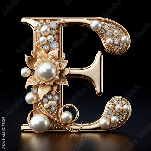 E. The letter of the Latin alphabet in the form of a luxurious openwork jewelry made of gold, decorated with precious stones, diamonds and pearls. On a black background.