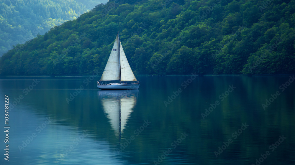Obraz premium A sailboat gliding smoothly across a calm lake.