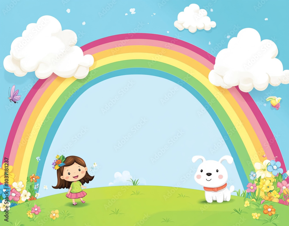 Naklejka premium Little girl with a white dog and a rainbow cartoon frame background. 