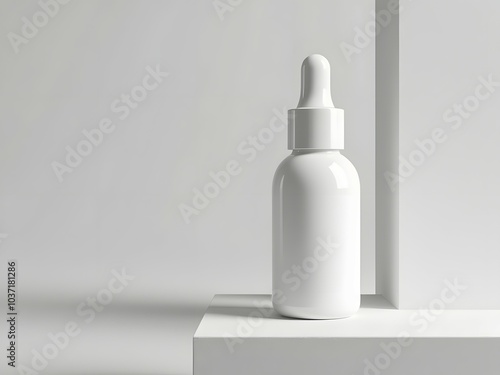 White dropper bottle on white background. 3D mock up of white dropper without label for advertisement