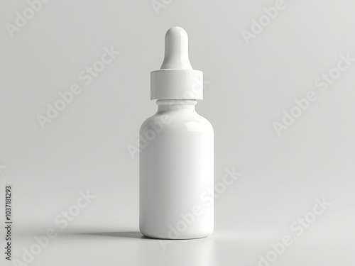 White dropper bottle on white background. 3D mock up of white dropper without label for advertisement