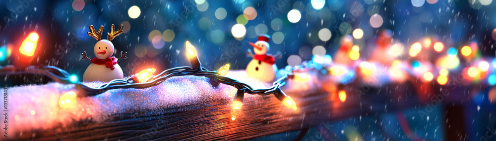 Obraz premium festive scene featuring Christmas lights wrapped around snowy railing, with cheerful snowmen adorned with scarves and reindeer antlers, creating joyful holiday atmosphere