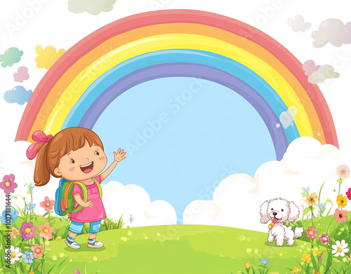 Little girl with a white dog and a rainbow cartoon frame background. 