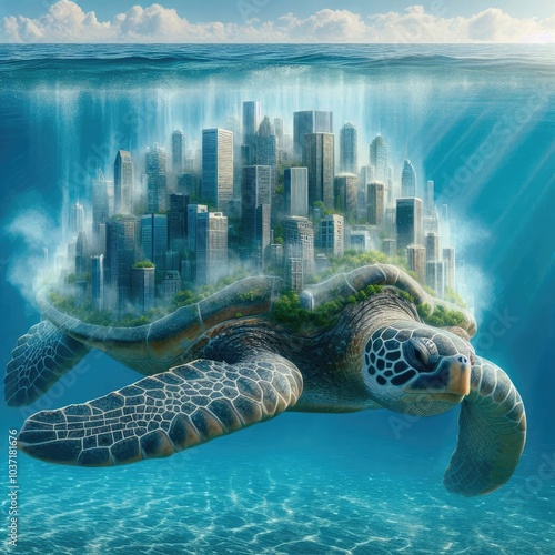 Majestic Sea Turtle City: A Surreal Urban Metropolis Built on a Giant Turtle's Back, Blending Nature and Architecture in a Stunning 8K Hyper-Realistic Oceanic Landscape photo