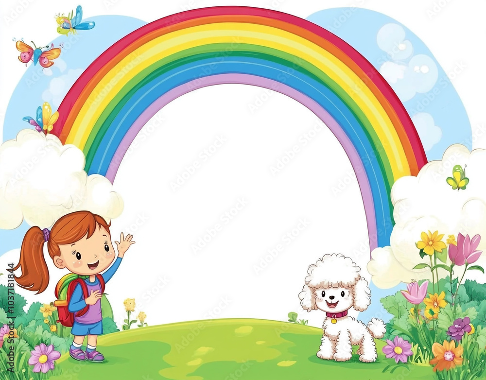 Little girl with a white dog and a rainbow cartoon frame background.
Little girl with a white dog and a rainbow cartoon frame background.