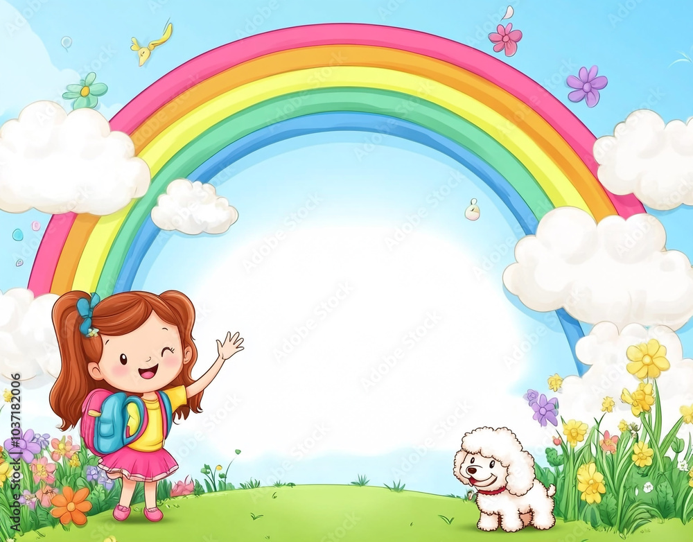 Little girl with a white dog and a rainbow cartoon frame background.
Little girl with a white dog and a rainbow cartoon frame background.