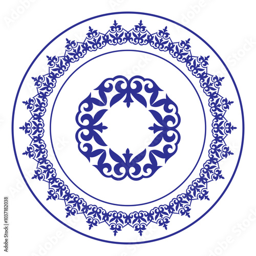 Vector blue on white round Kazakh national ornament. Ethnic pattern of the peoples of the Great Steppe, Kazakh, Mongols, Kyrgyz, Kalmyks. Сircle, frame border. For sandblaster, ceramic, patchwork,