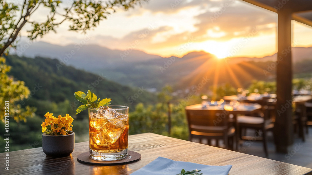 refreshing drink sits on table with stunning sunset view refreshing drink sits on table with stunning sunset view
