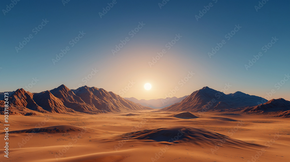 Naklejka premium stunning desert landscape at sunset, showcasing mountains and sand dunes