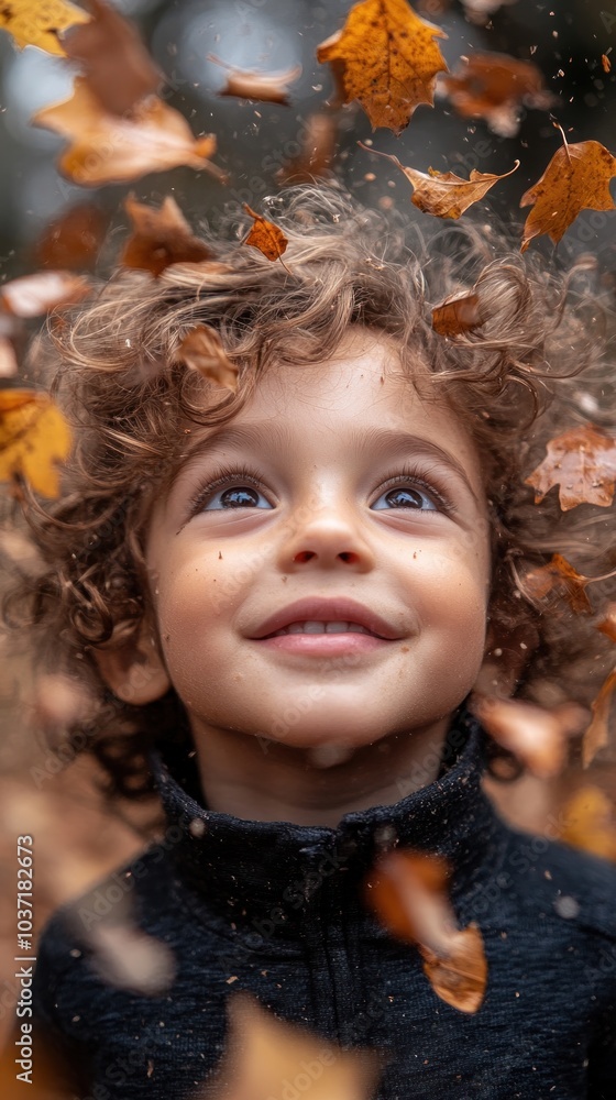 Smiling Child Surrounded by Falling Autumn Leaves Photo Smiling Child Surrounded by Falling Autumn Leaves Photo