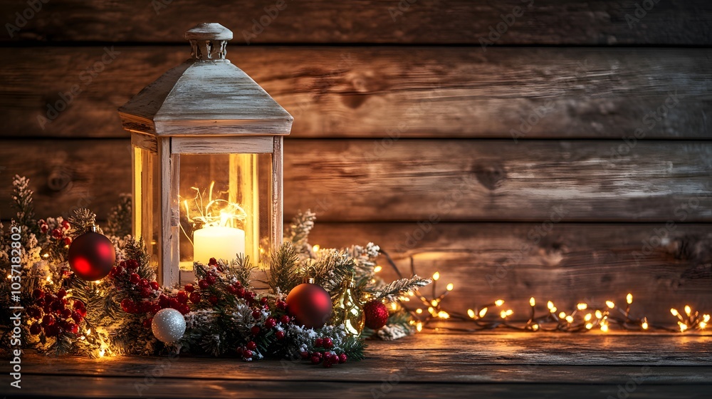 Christmas Lantern with Candle and Ornaments on a Wooden Table Christmas Lantern with Candle and Ornaments on a Wooden Table