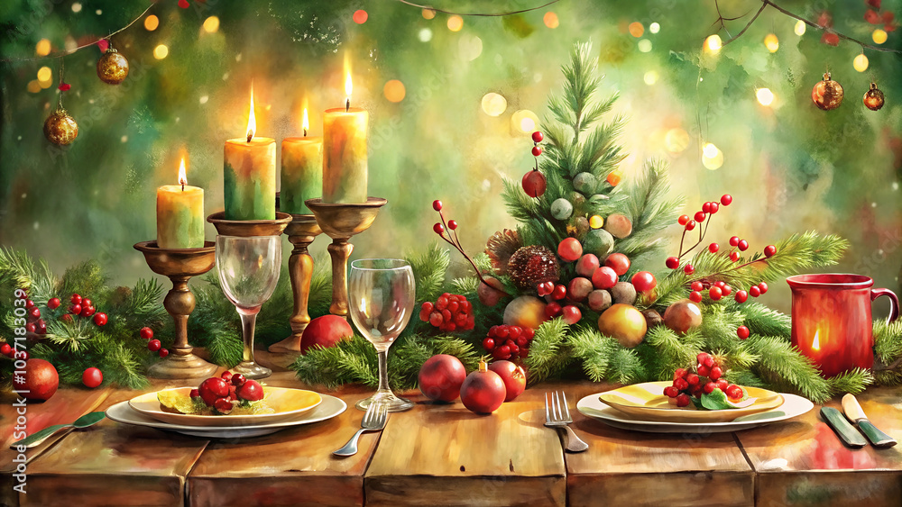 Christmas table setting with festive mood and delicious food on decorated background Christmas table setting with festive mood and delicious food on decorated background