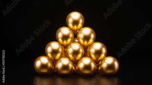 Elegant pyramid of golden balloons on black background