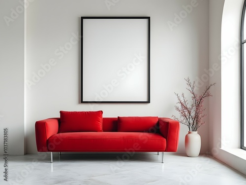 Minimalist interior with red sofa and blank poster mockup in bright room. Empty white frame mockup on the wall. Picture frame mockup. Mock up poster frame
