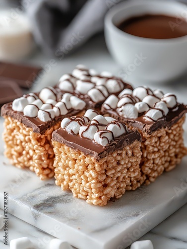  Marshmallow-topped rice crispy squares drizzled with chocolate. A sweet, indulgent treat, combining crunch, gooeyness, and chocolatey richness. photo