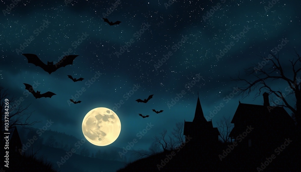 Halloween Night, Spooky House, Full Moon Bats Halloween Night, Spooky House, Full Moon Bats