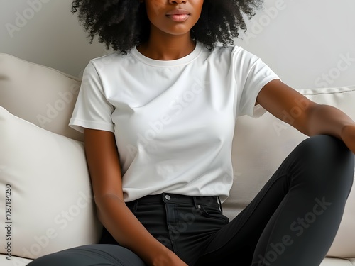 White bella canvas 3001 tshirt mockup on african american woman in minimalist setting for apparel design. Mock up template for t-shirt design print area for logo or design