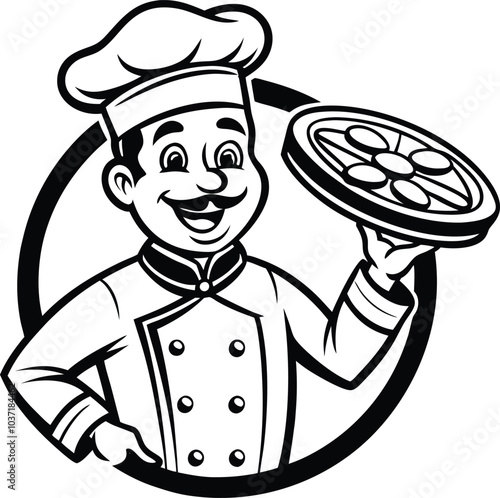 A cartoon illustration of a chef holding a pizza on white background