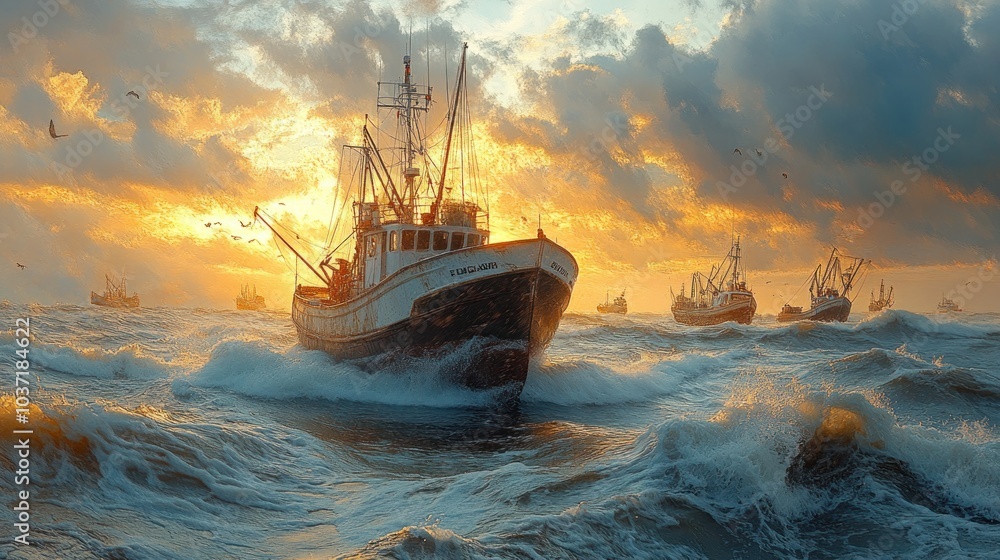 Fishing boats navigating turbulent waters at sunset. Fishing boats navigating turbulent waters at sunset.