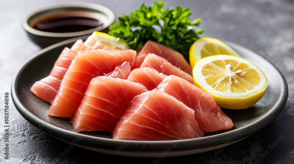 Studio lighting casting soft shadows on a plate of Hamachi Sashimi, with soy sauce and lemon slices on the side Studio lighting casting soft shadows on a plate of Hamachi Sashimi, with soy sauce and lemon slices on the side