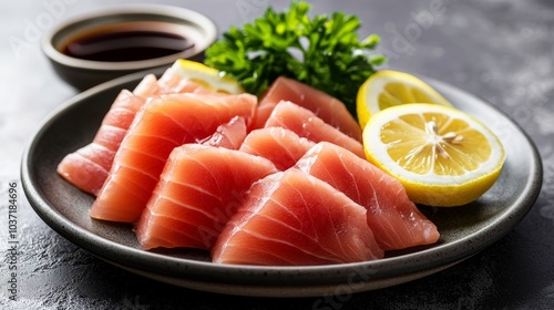 Studio lighting casting soft shadows on a plate of Hamachi Sashimi, with soy sauce and lemon slices on the side