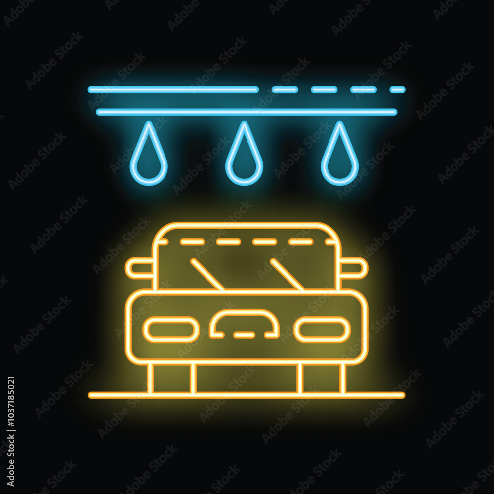 Bright yellow car getting showered at car wash, neon style icon