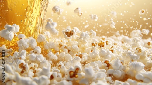 Close-up of popcorn kernels shimmering in hot oil, just before popping, with reflections of the kitchen light glinting off the surface, photorealistic