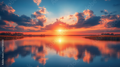 A breathtaking sunset over a calm lake with a bright orange sun and a clear sky, with the sun's reflection mirrored in the water.