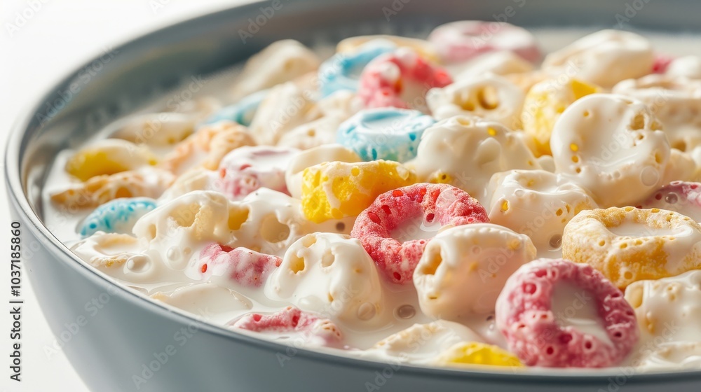 Close up of a bowl of colorful wheel shaped cereal in creamy milk against a clean background Close up of a bowl of colorful wheel shaped cereal in creamy milk against a clean background