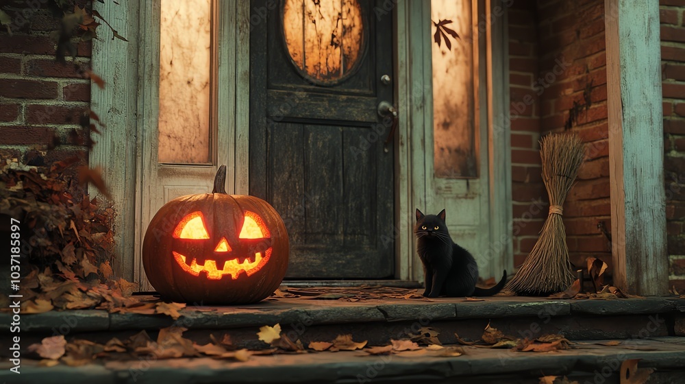 Obraz premium A spooky Halloween scene with a jack-o-lantern, a black cat, and a broom. The door is closed and there are leaves on the ground.