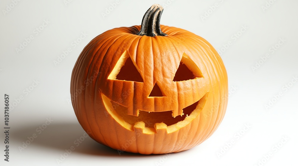 A carved pumpkin with a friendly face sits on a white background. The pumpkin is orange and has a rough texture. A carved pumpkin with a friendly face sits on a white background. The pumpkin is orange and has a rough texture.