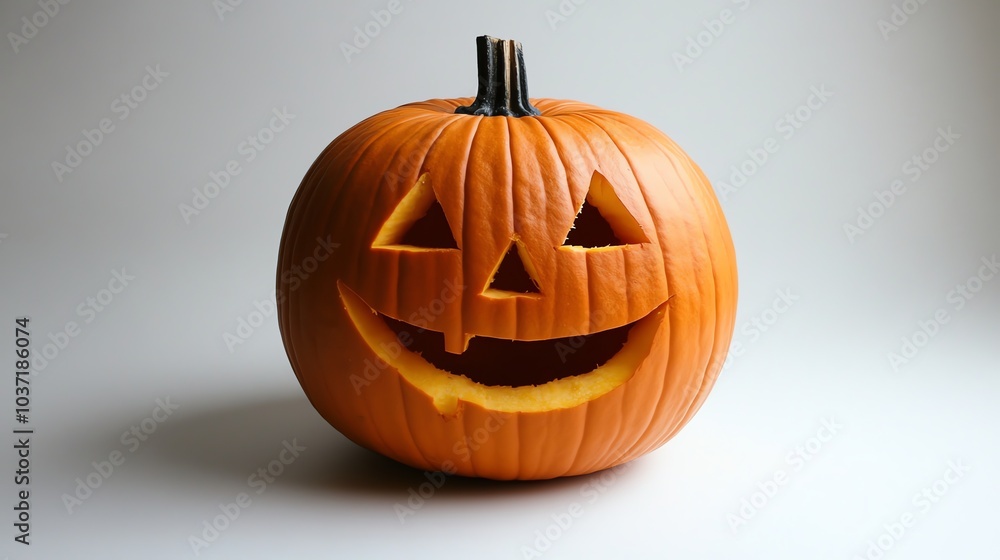 A carved pumpkin with a toothy grin sits on a white background, ready to light up the night. A carved pumpkin with a toothy grin sits on a white background, ready to light up the night.