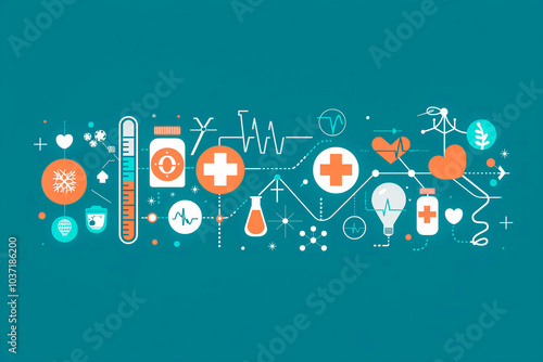 Healthcare and technology concept with flat icons and symbols. Template design for health care business, innovation medicine, science background, medical research. illustration