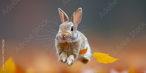 Funny rabbit flying. Image of a playful tabby rabbit jumping in mid-air while looking at the camera.