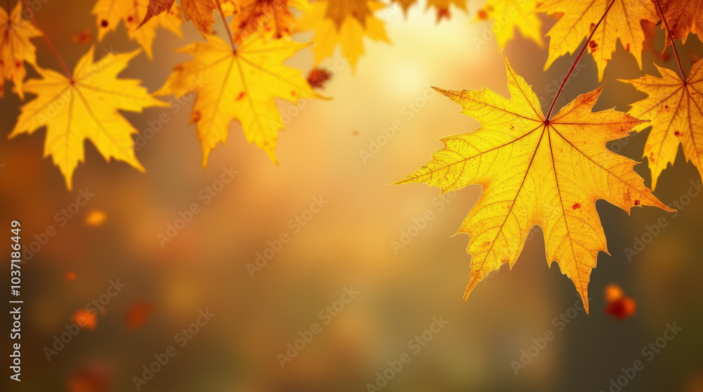 Bright Autumn Maple Leaves on Golden Background - Perfect for Seasonal Fall Imagery Bright Autumn Maple Leaves on Golden Background - Perfect for Seasonal Fall Imagery