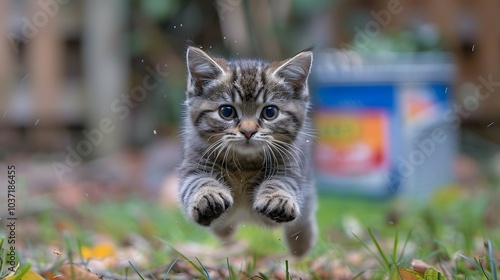 Funny flying Bear. Image of a playful tabby Bear jumping in mid-air while looking at the camera.