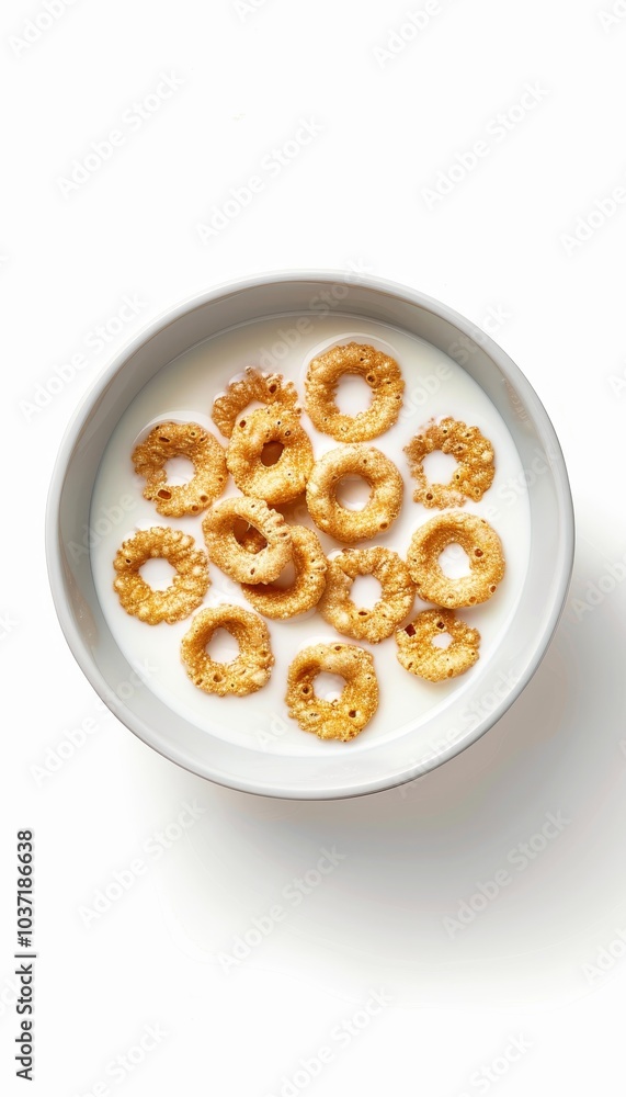 Overhead view of a bowl of circular cereal in milk against a bright white background Overhead view of a bowl of circular cereal in milk against a bright white background